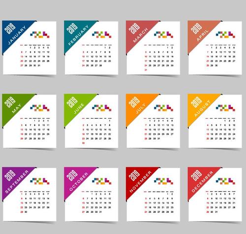 Calendar 2019 colored template vectors 03