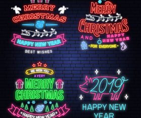Christmas with 2019 new year neon labels design vector 01