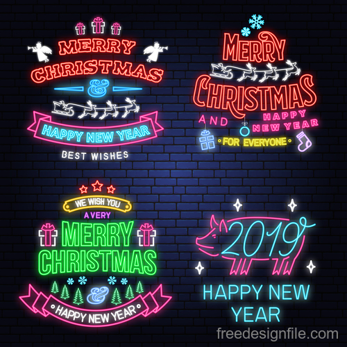 Christmas with 2019 new year neon labels design vector 01