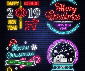 Christmas with 2019 new year neon labels design vector 02