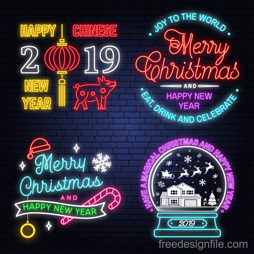 Christmas with 2019 new year neon labels design vector 02