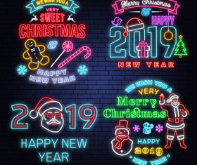 Christmas with 2019 new year neon labels design vector 03