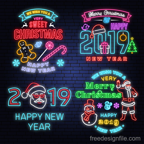 Christmas with 2019 new year neon labels design vector 03