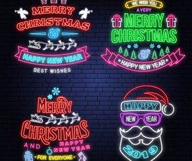 Christmas with 2019 new year neon labels design vector 04