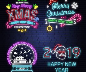 Christmas with 2019 new year neon labels design vector 05