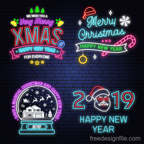 Christmas with 2019 new year neon labels design vector 05