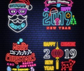 Christmas with 2019 new year neon labels design vector 06