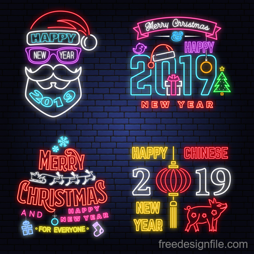 Christmas with 2019 new year neon labels design vector 06