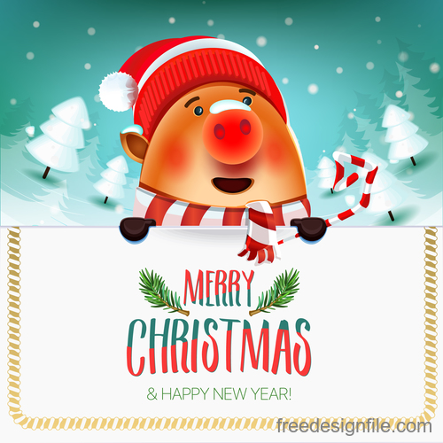 Christmas with new year card and cute pig vector