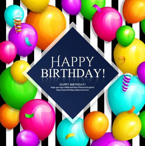 Colored balloons with stripes barthday card vector