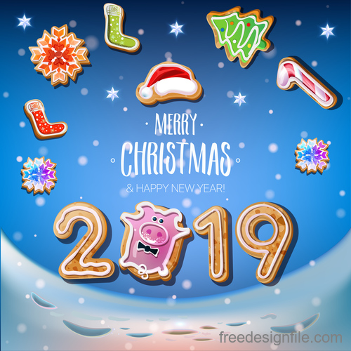 Cute 2019 new year and christmas card vector