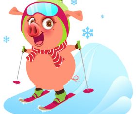 Cute pig skiing vector