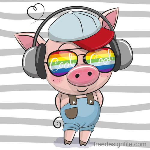 Cute pig with music cartoon vector