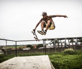 Extremely difficult skateboard action Stock Photo 03