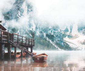 Foggy Lago di Braies in the Morning Stock Photo