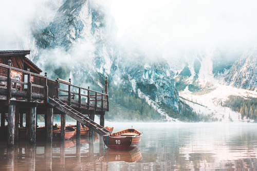 Foggy Lago di Braies in the Morning Stock Photo