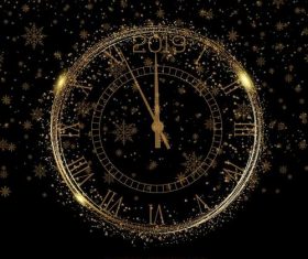 Golden clock with 2019 new year snowflake background vector