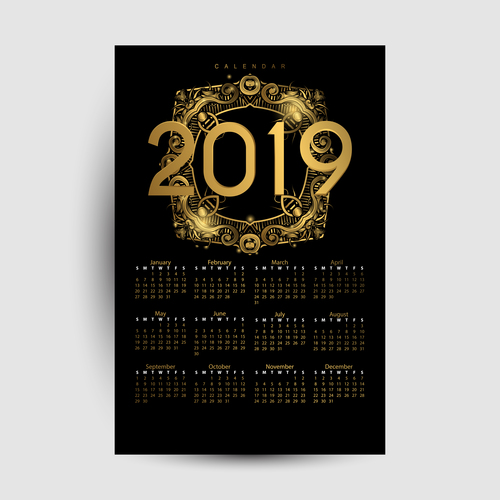 Golden with black 2019 calendar template vector 01