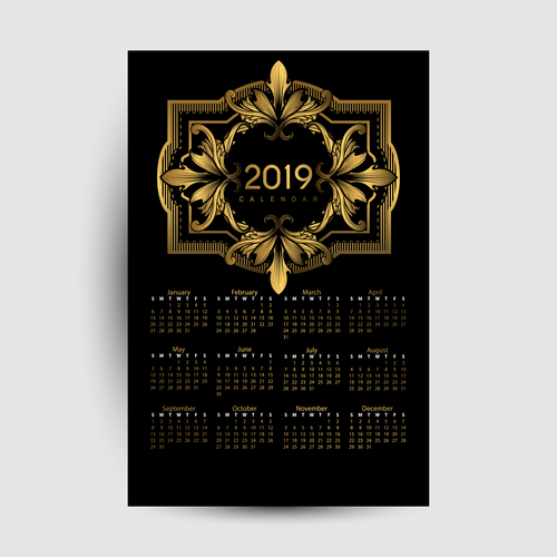 Golden with black 2019 calendar template vector 02