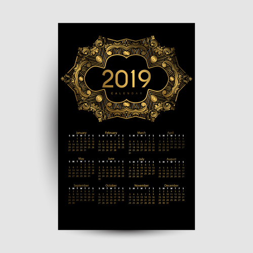 Golden with black 2019 calendar template vector 03