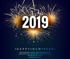Happy 2019 new year fireworks and blue background vector