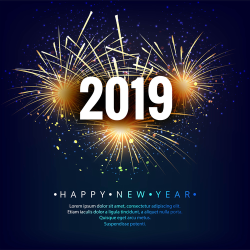 Happy 2019 new year fireworks and blue background vector