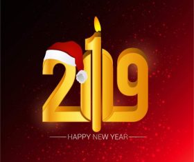 Happy 2019 new year red background with red hat vector