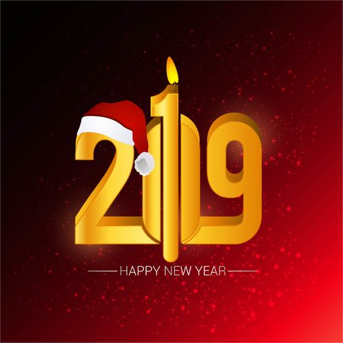 Happy 2019 new year red background with red hat vector