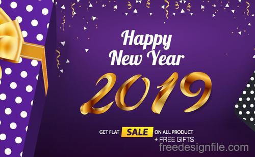 Happy 2019 new year sale design with gift boxs vecotr