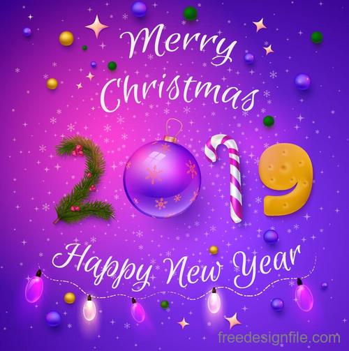 Happy 2019 new year with christmas purple background vector