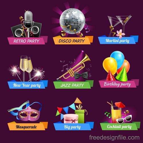 Holiday with birthday party labels design vector