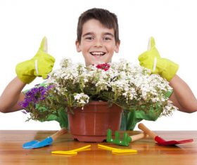 Little boy planting flowers Stock Photo