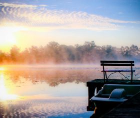 Morning sun shines on the lake Stock Photo