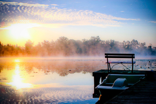 Morning sun shines on the lake Stock Photo