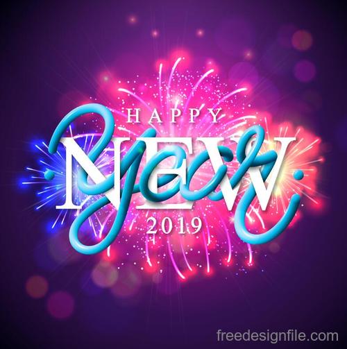 New year 2019 firwork purple background vector