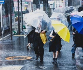 People with umbrellas on the rainy streets Stock Photo 01