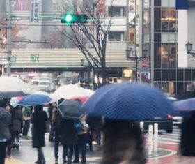People with umbrellas on the rainy streets Stock Photo 06