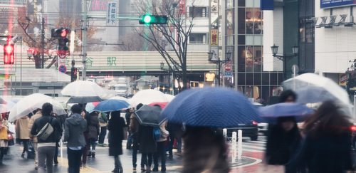 People with umbrellas on the rainy streets Stock Photo 06