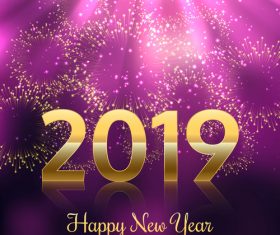 Purple fireworks with 2019 new year golden vector