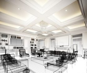 Sketch design of living 3dwire frame render Stock Photo 01