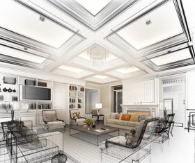 Sketch design of living 3dwire frame render Stock Photo 02