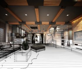 Sketch design of living 3dwire frame render Stock Photo 03