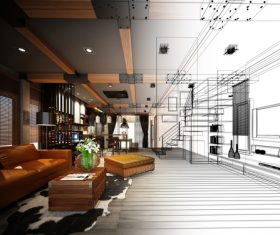 Sketch design of living 3dwire frame render Stock Photo 04