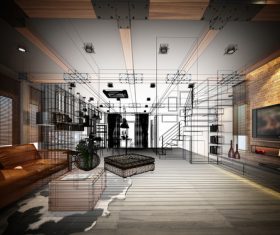 Sketch design of living 3dwire frame render Stock Photo 05