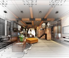 Sketch design of living 3dwire frame render Stock Photo 06