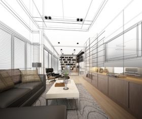 Sketch design of living 3dwire frame render Stock Photo 09