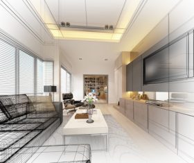 Sketch design of living 3dwire frame render Stock Photo 11