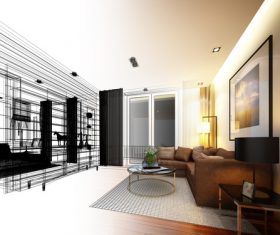 Sketch design of living 3dwire frame render Stock Photo 13