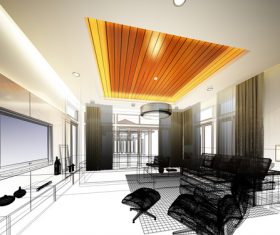 Sketch design of living 3dwire frame render Stock Photo 14