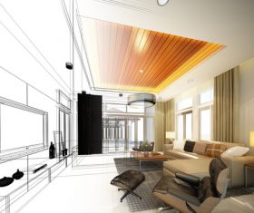 Sketch design of living 3dwire frame render Stock Photo 15